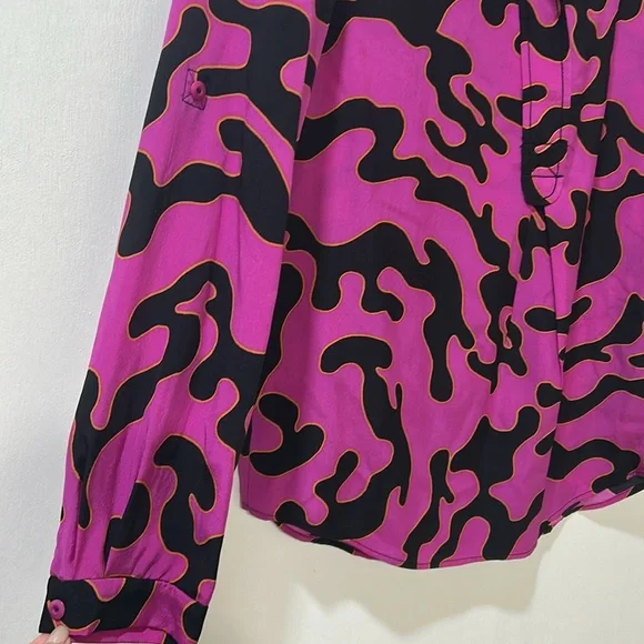 DIANE VON WOMEN PULLOVER BLOUSE PINK BLACK LONG SLEEVE 100 % SILK Sz 6 - Picture 5 of 9